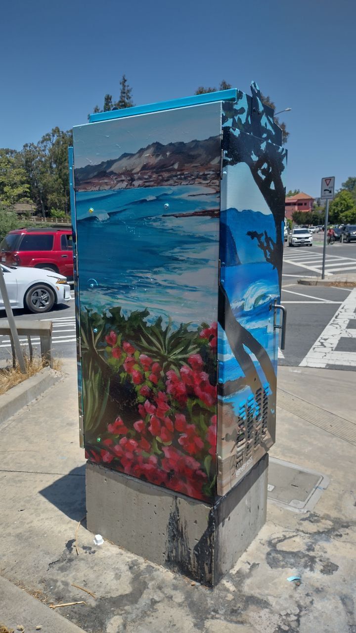 Painted utility box with a coastal seascape and pink flowers beside a street intersection