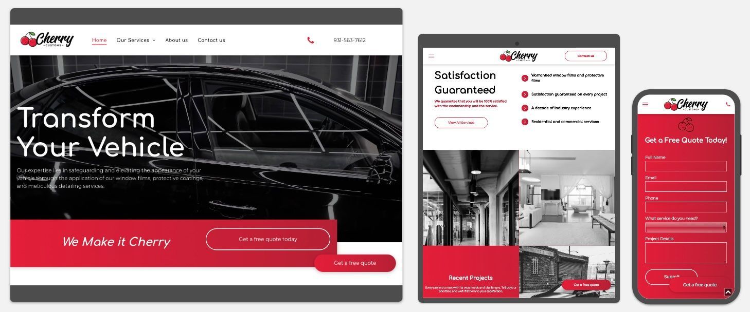 Car dealership website mockup on desktop, tablet, and phone with a car hero image and red navigation panels