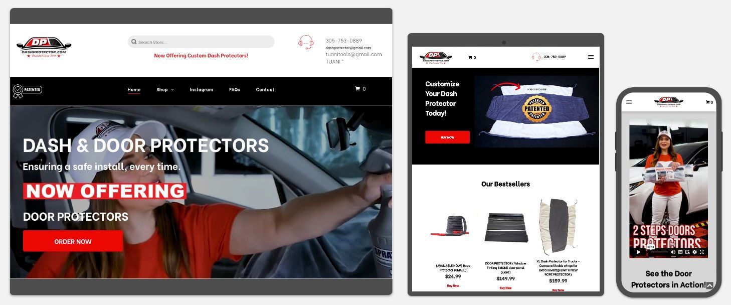 Website mockup for Dash & Door Protectors shown on desktop, tablet, and phone screens