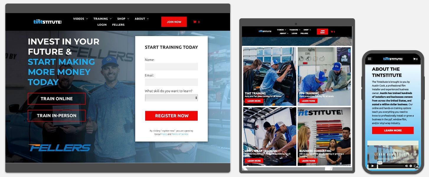 Website mockup shown on desktop, tablet, and phone with car photos and a contact form