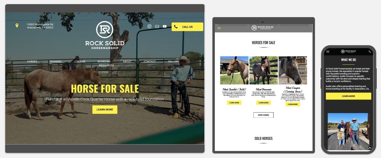 Horse sale website shown on desktop, tablet, and phone screens with horse photos and yellow buttons