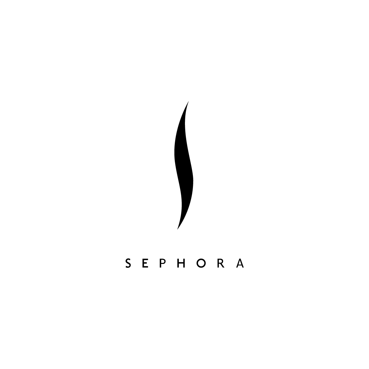 Sephora logo: black stylized flame above spaced black letters on a white background
