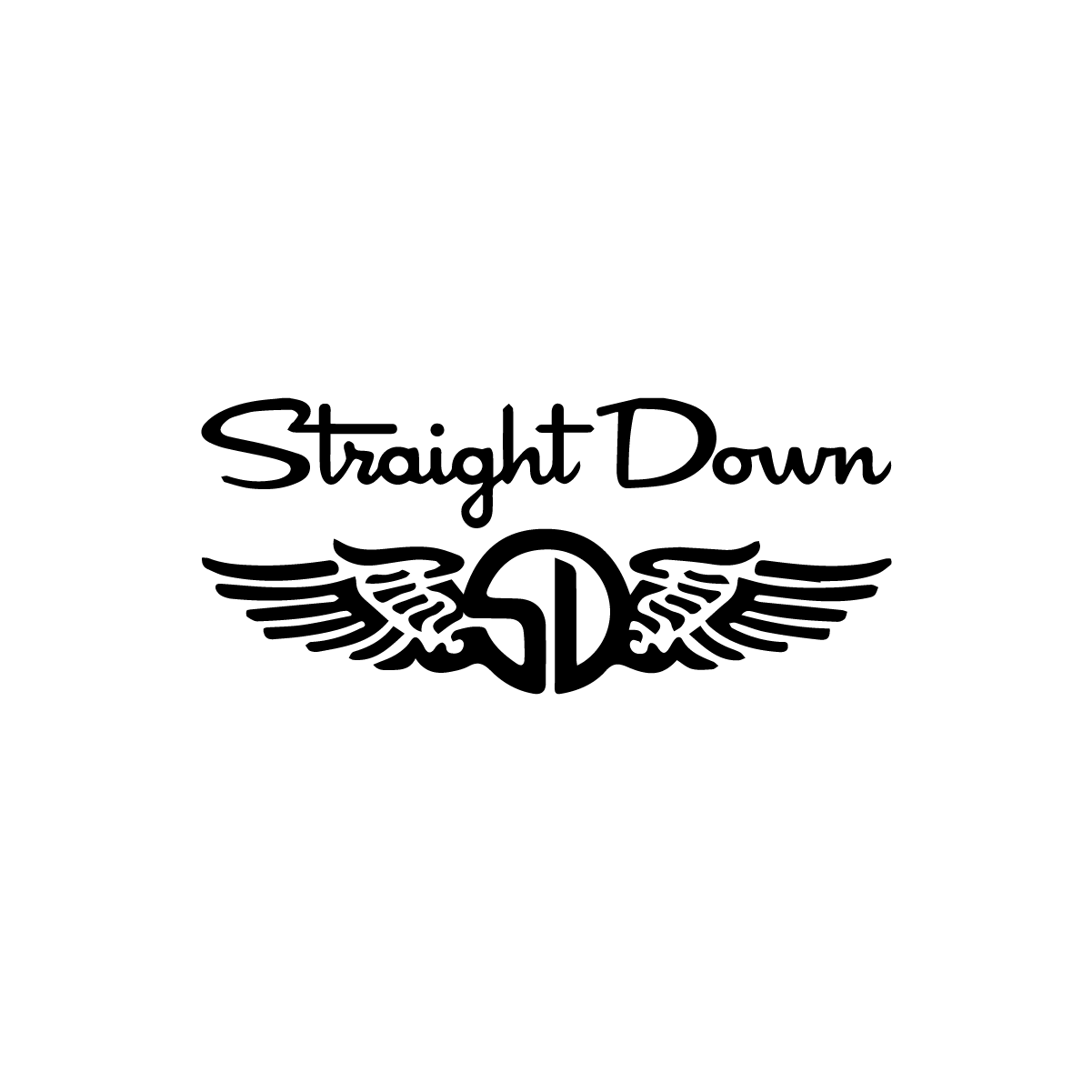 Black “Straight Down” text with a winged monogram logo on a white background