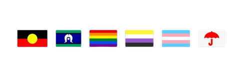Six small Aboriginal and transgender pride flags on a white background
