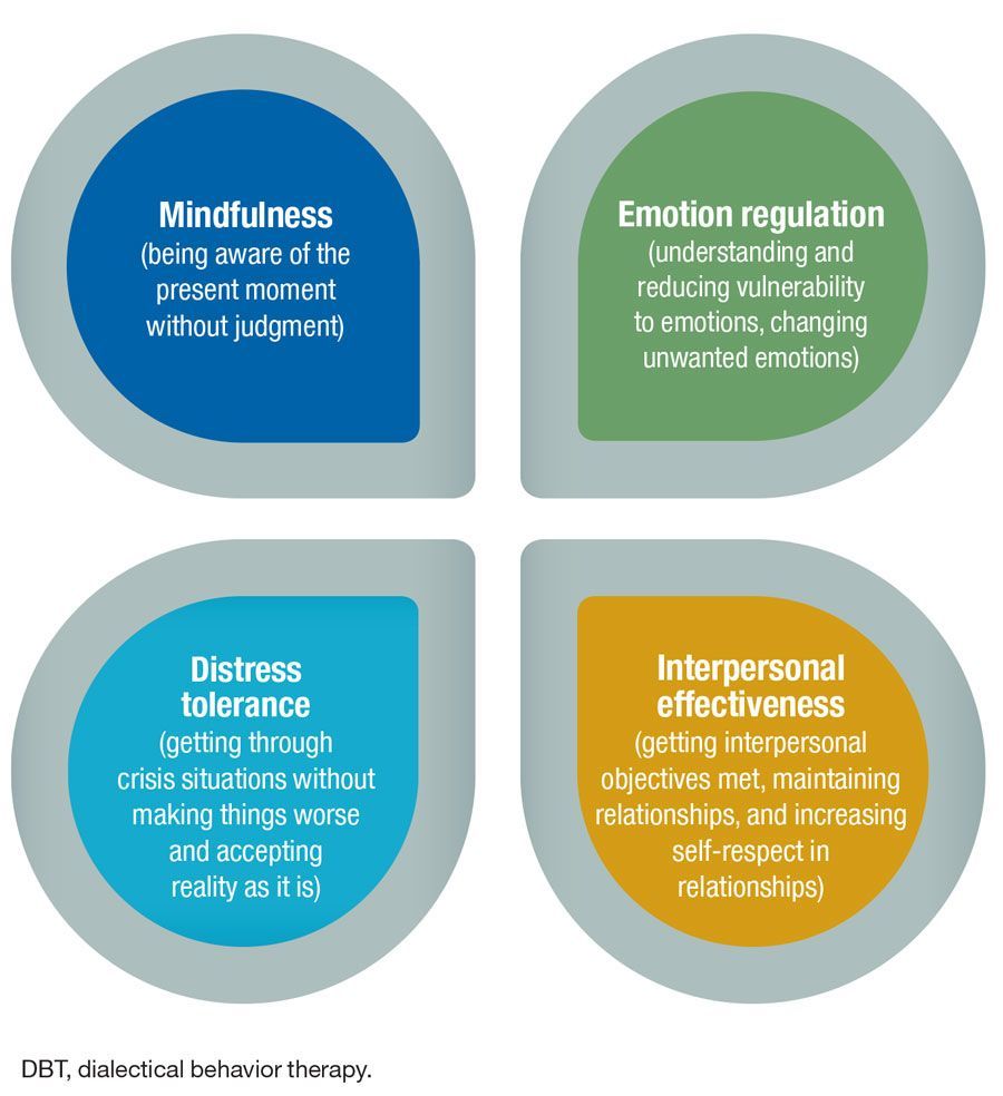 Four colored quadrants showing mindfulness, emotion regulation, distress tolerance, and interpersonal effectiveness techniques