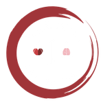 Red circular brushstroke logo with two small heart-like icons in the center on a white background