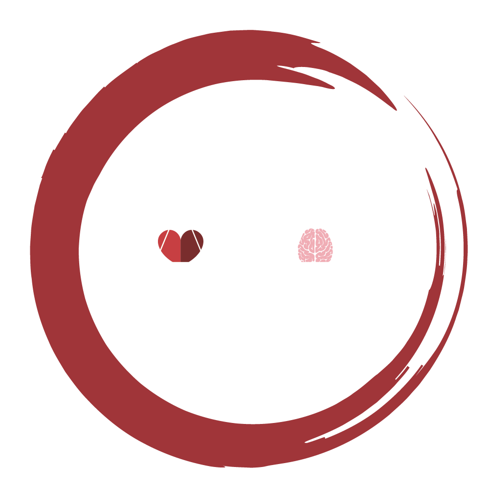 Red circular brushstroke logo with two small heart-like icons in the center on a white background