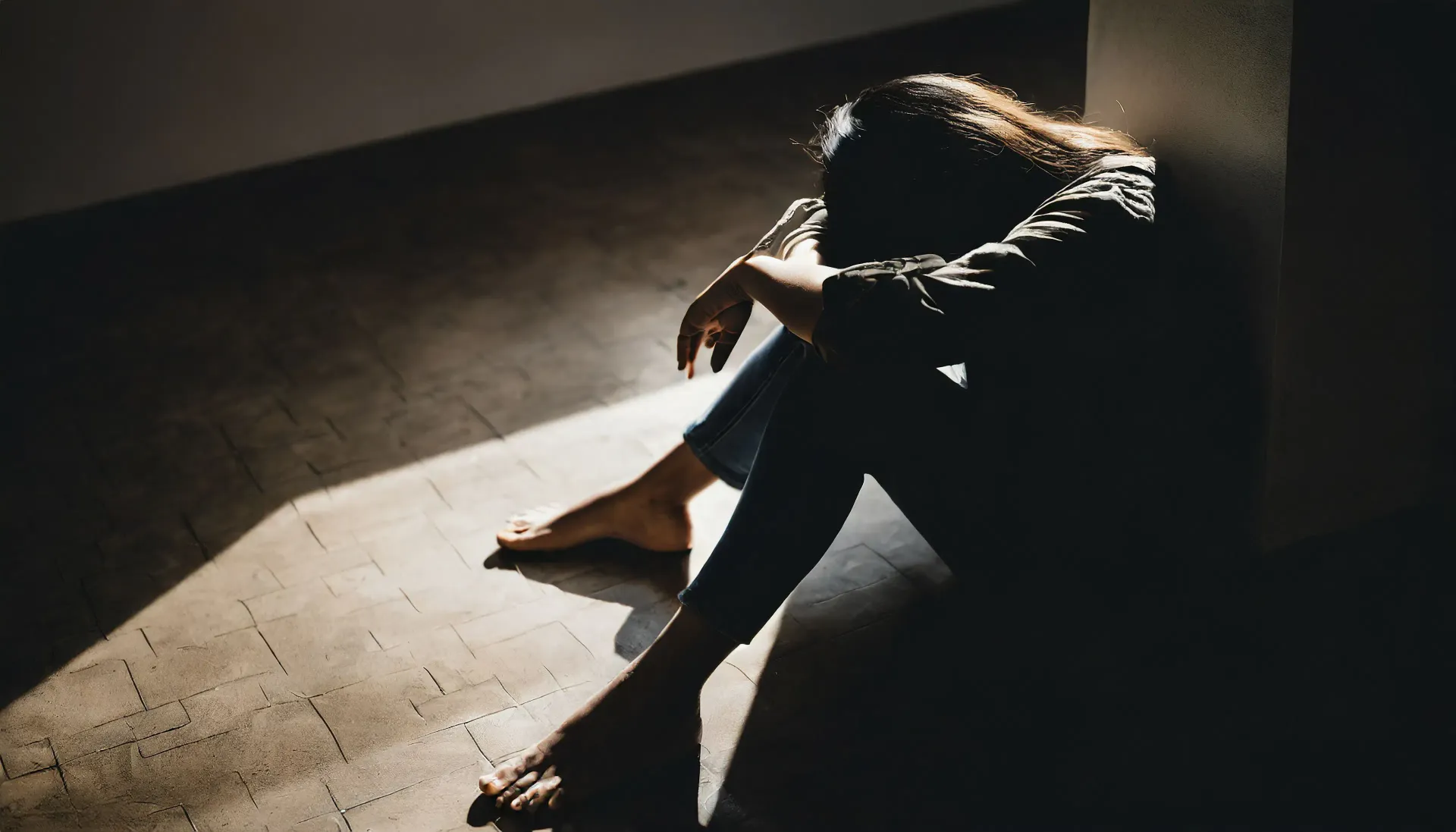 Woman sitting alone, head in hands, in a dimly lit corner.