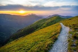 Sunlit mountain trail winding through green hills at sunset