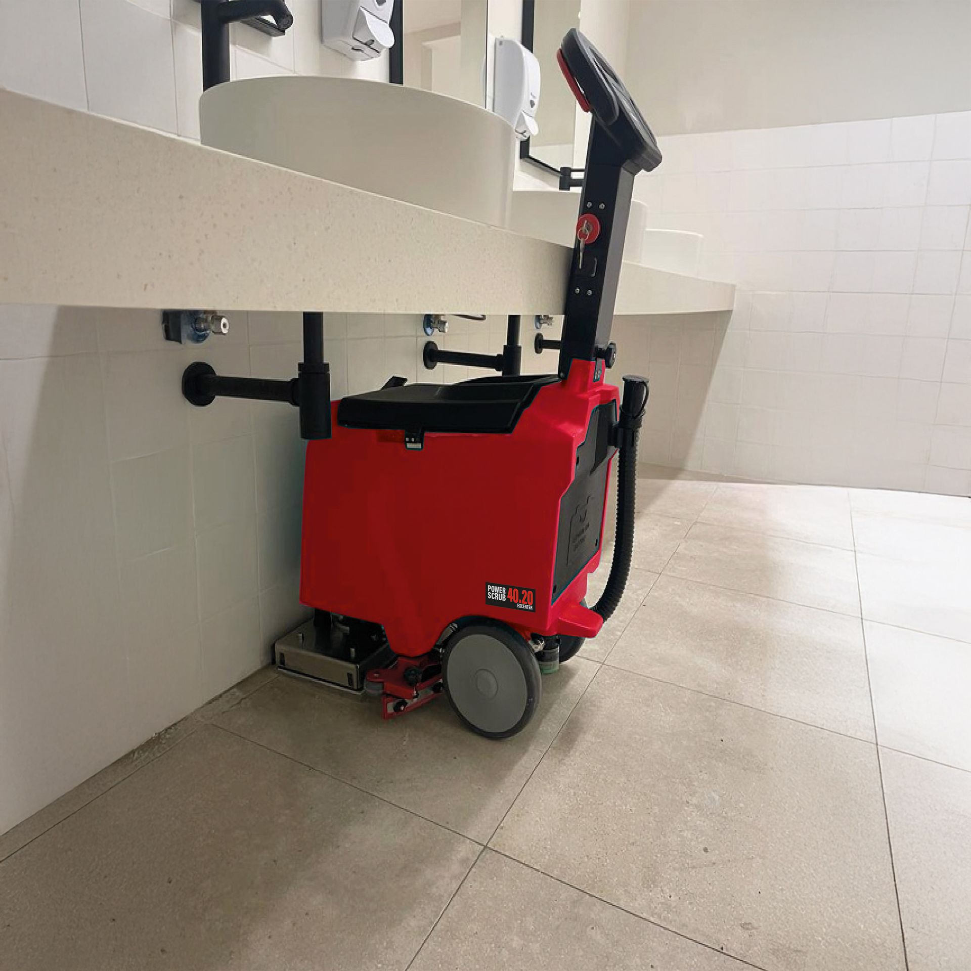 Meclean walk-behind scrubber-dryer POWERSCRUB 40.20 EXCENTER cleaning on tile floor