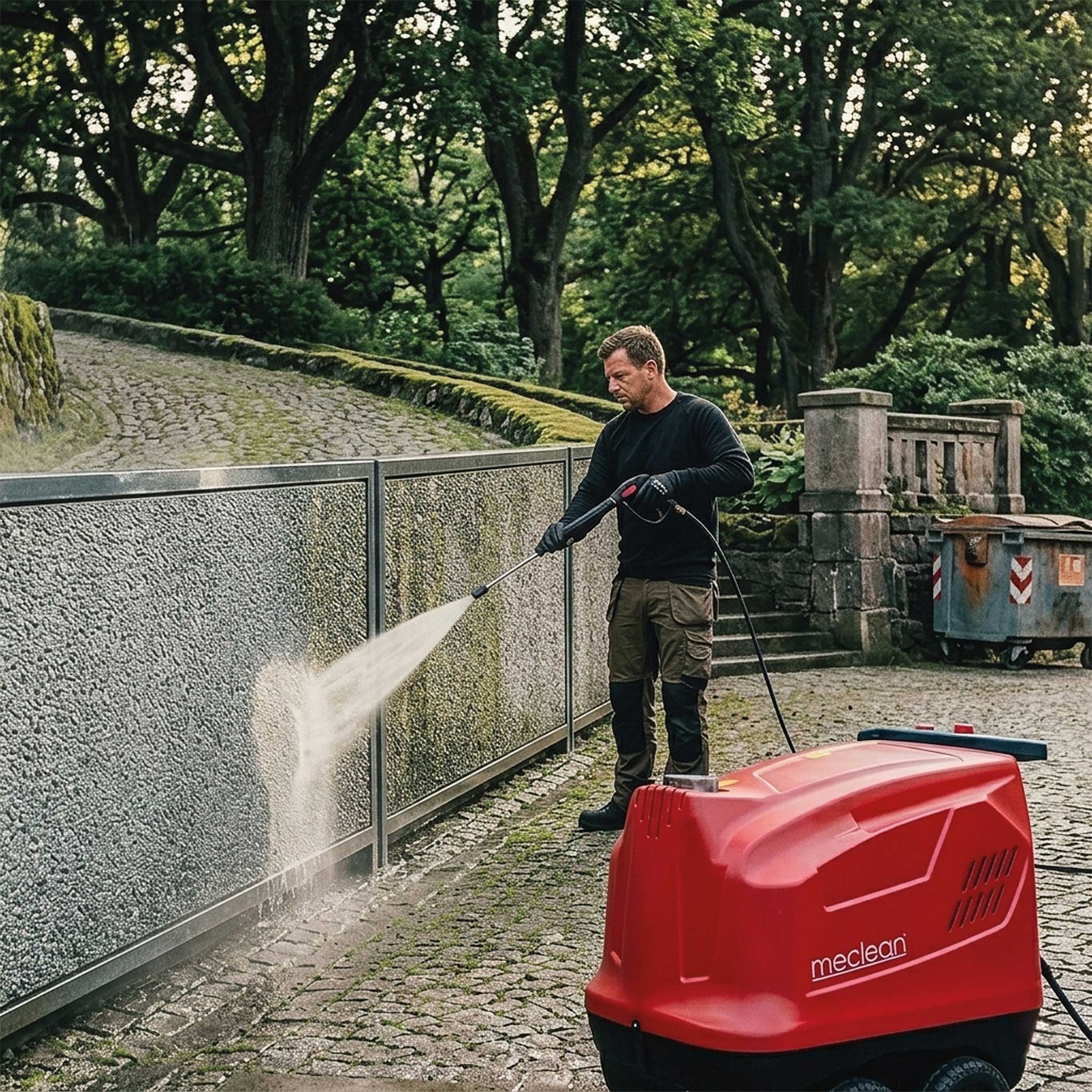 Meclean professional hot water high-pressure washer SERIE-TX 130/10 cleaning wall