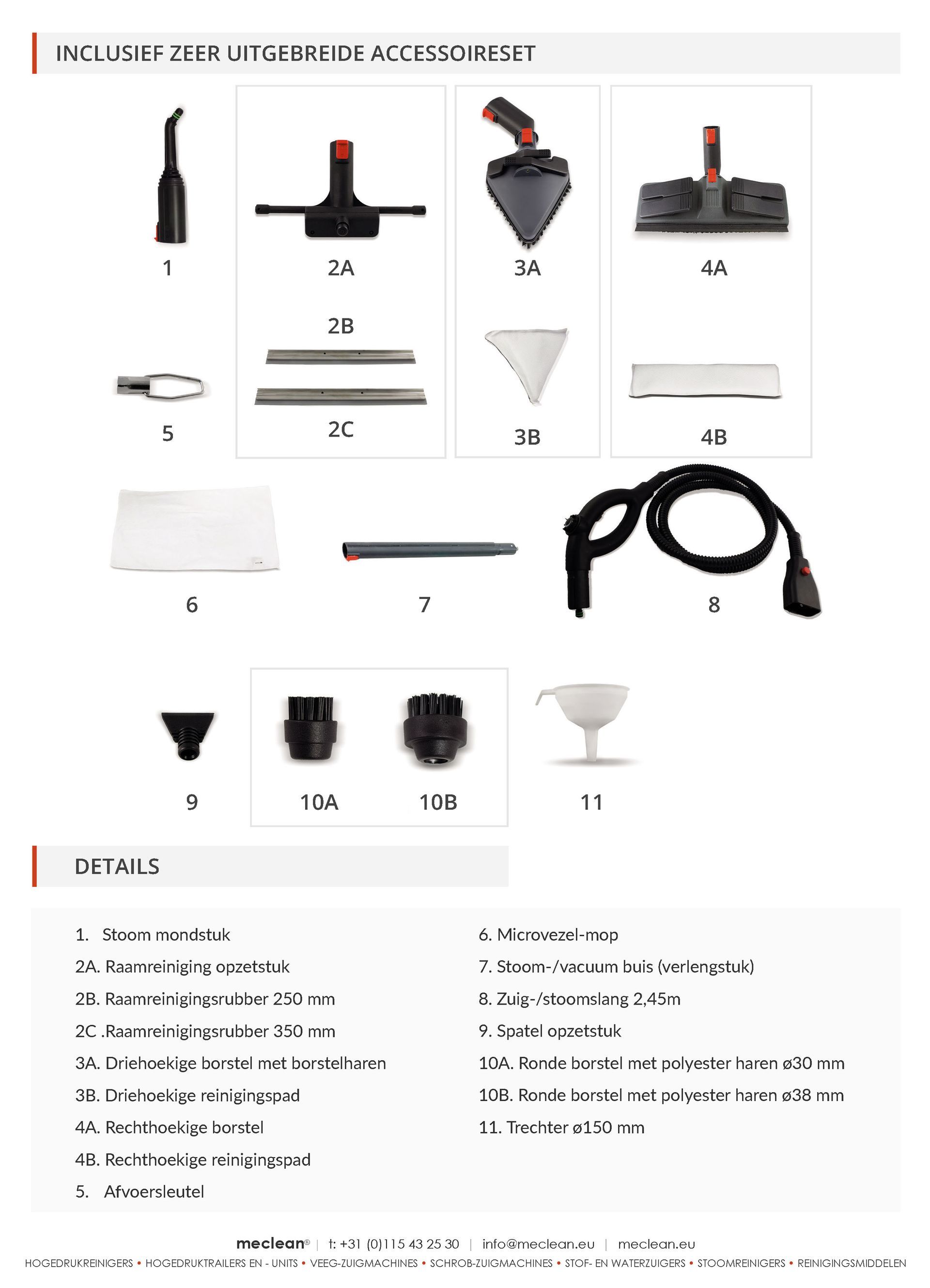 Meclean stoomreinigingsmachine STEAMPOWER ONE overzicht accessoires