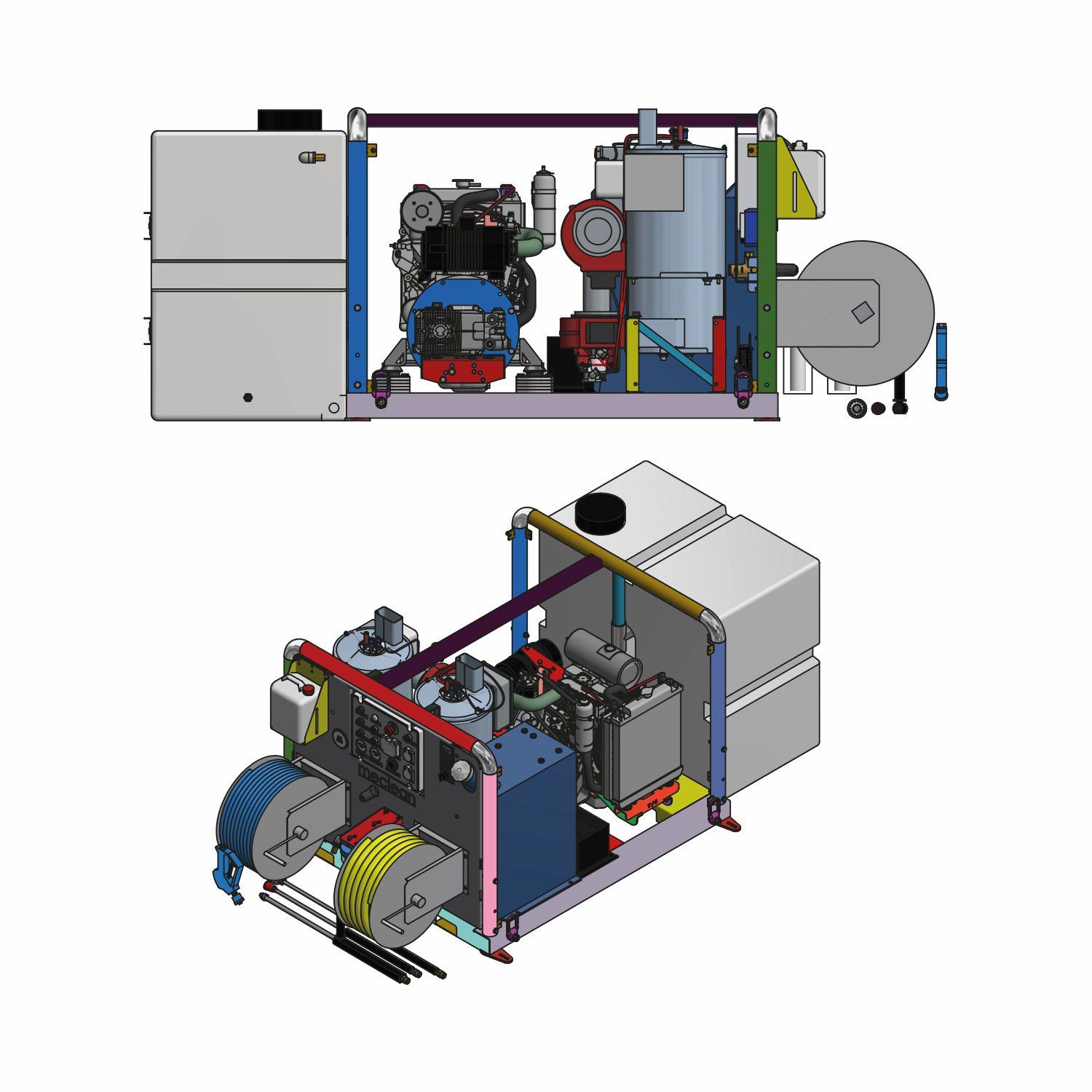 Meclean hogedruk unit Trailerpack TP 200/21 modulaire setup tekening zijaanzicht en bovenaanzicht