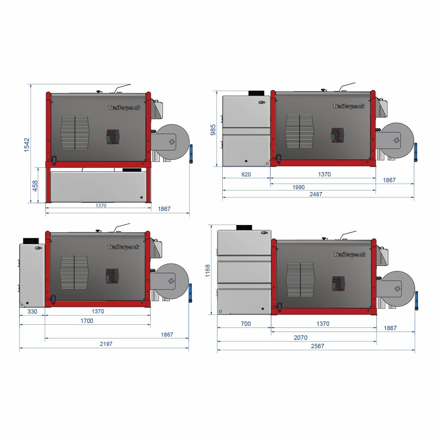 Meclean hogedruk unit Trailerpack TP 200/21 modulaire setup tekening inclusief maten