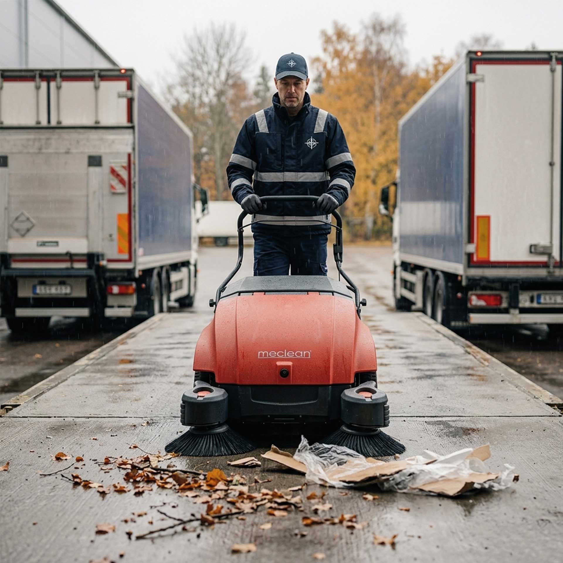 Meclean achterloop veegmachine BUSTER 950 Pro vegen tussen vrachtwagens