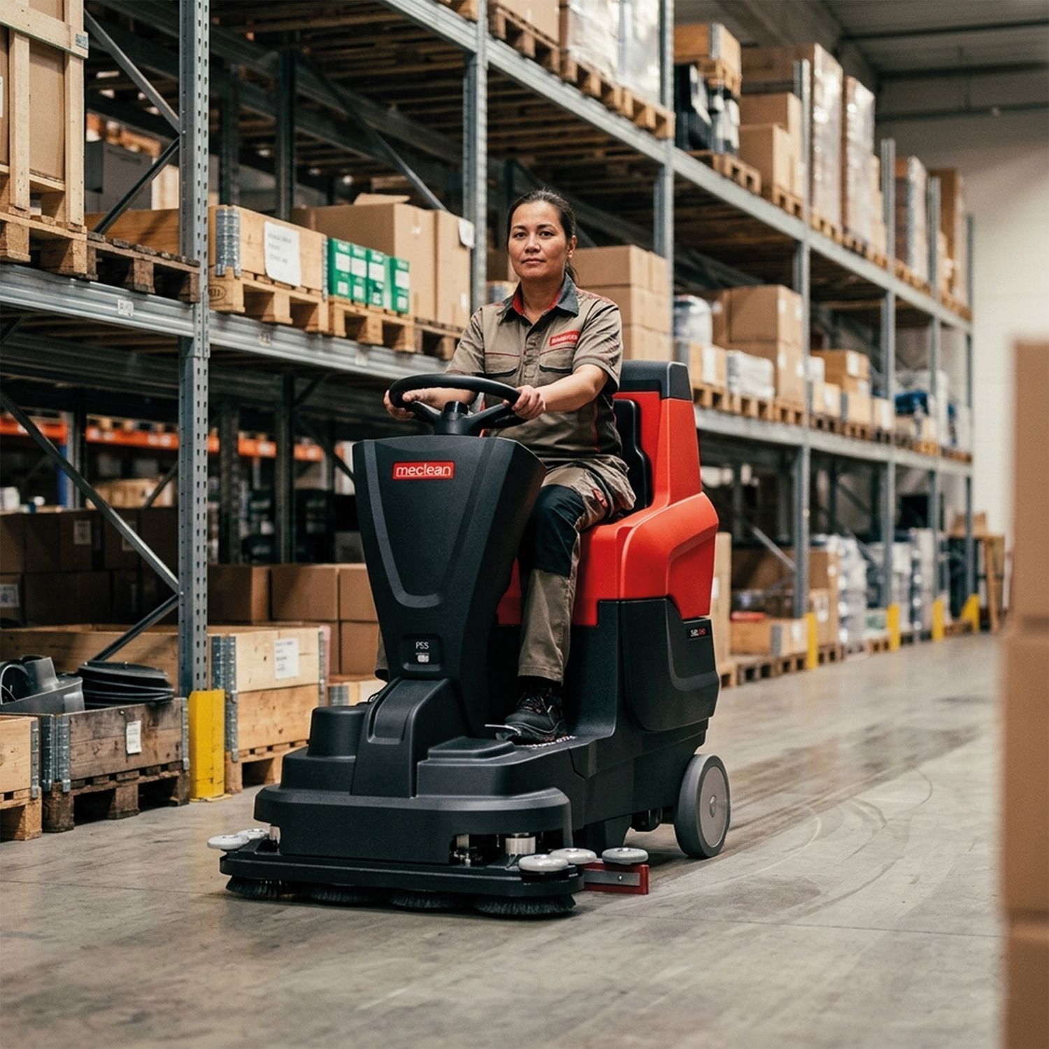 Meclean opzit schrobmachine in magazijn