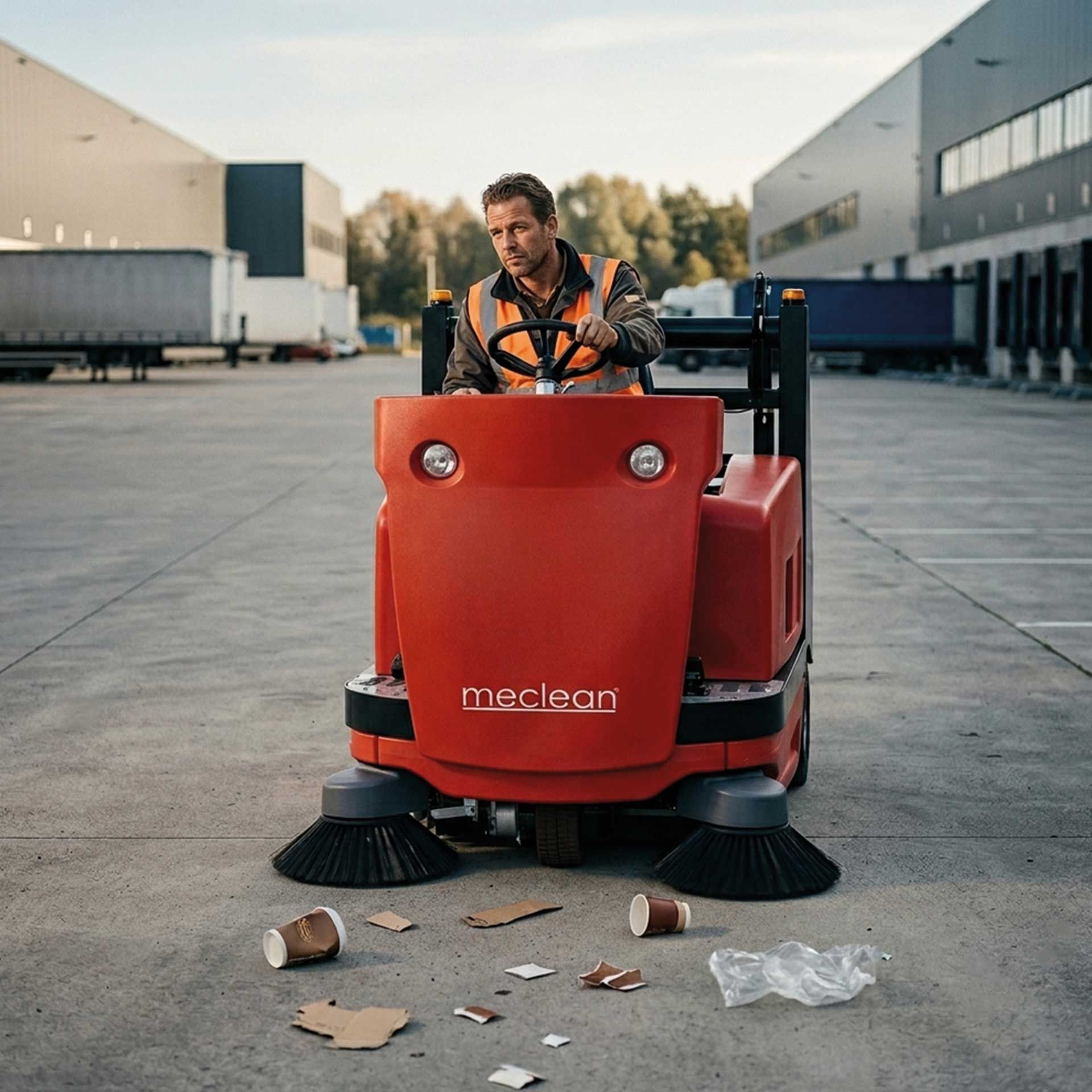 Meclean BUSTER 1300 veegmachine vegen distributiecentrum