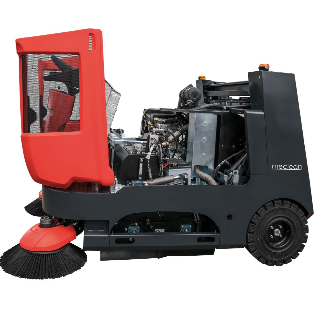 Meclean industriële veegmachine dieselmotor aandrijving 1800TTD Zijaanzicht met kap geopend