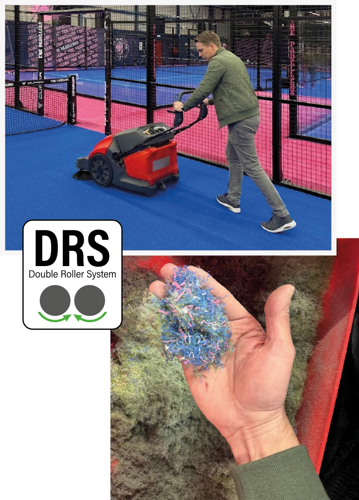Meclean sweeper for padel courts removes ball fluff from artificial turf with Double Roller System