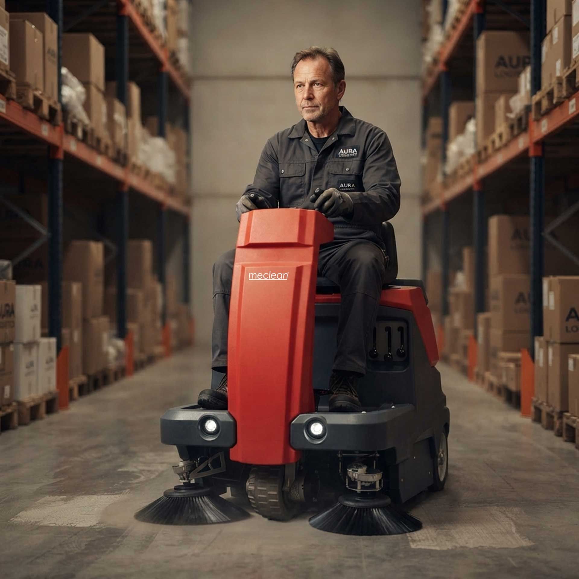 Meclean professional ride-on sweeper battery drive BUSTER 1050 Pro sweeping in warehouse
