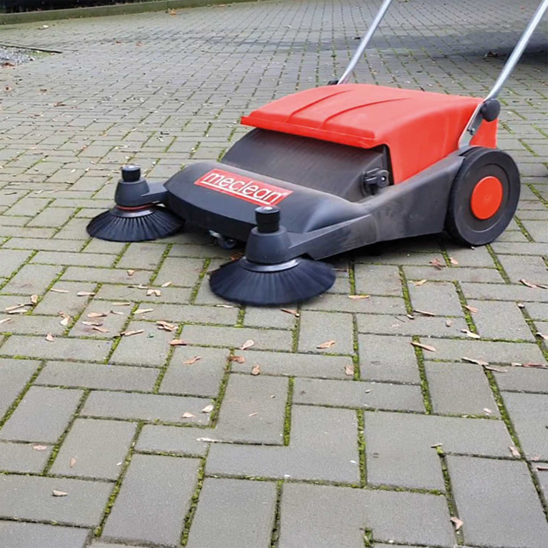 Meclean professional walk-behind sweeper manual drive Buster 800 sweeping outside