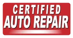Red certified auto repair sign with bold white text