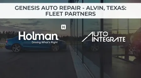 Genesis Auto Repair and fleet partners Holman and Auto Integrate logos on a shop exterior in Alvin, Texas