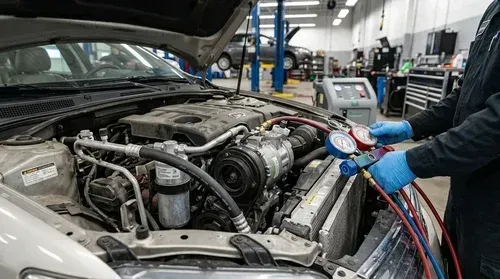 Car engine being serviced in a repair shop, with gauges and hoses attached to the open hood.