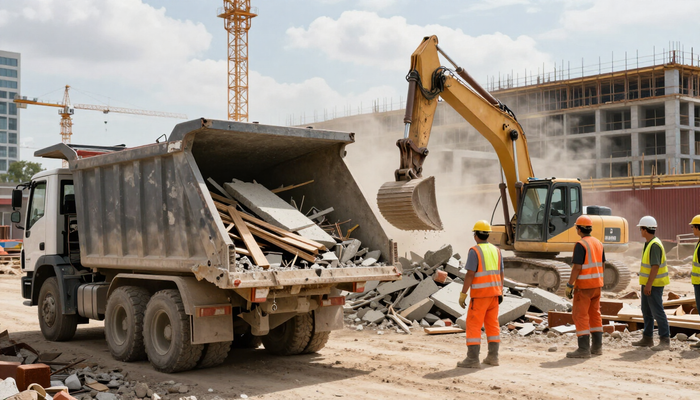 Junk Removal Expert in Renton, WA clears construction debris as workers load concrete and debris into a dump truck here.
