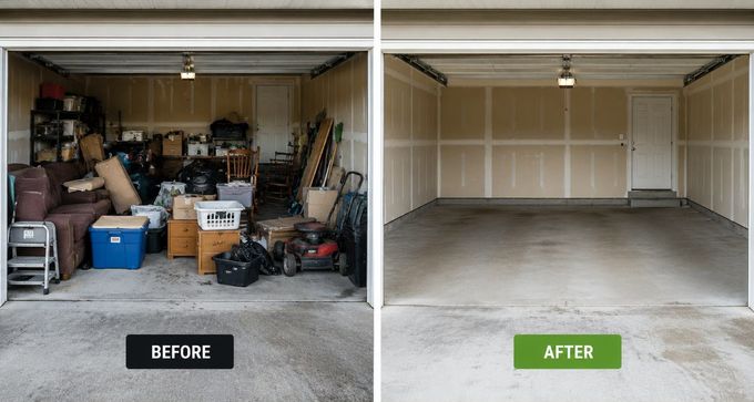 Junk Removal Expert in Renton, WA transforms a cluttered garage into a clean, empty space ready for use.