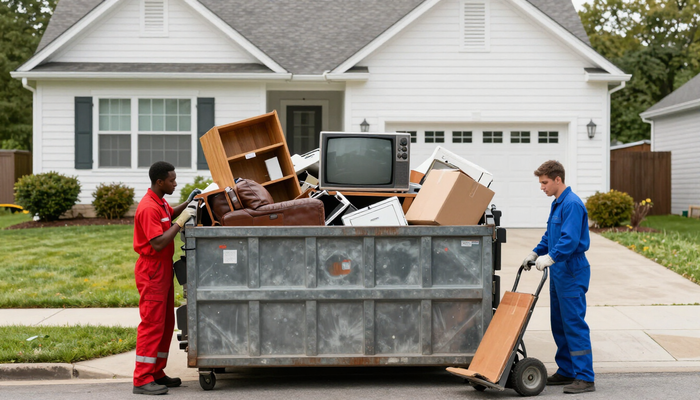 Junk Removal Expert in Renton, WA removes old furniture, boxes, and household items from a residential property.