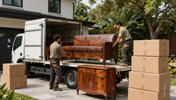 Junk Removal Expert in Renton, WA loads a large wooden sofa and boxes onto a moving truck during a cleanup.