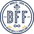 BFF Asian Grill & Sports Bar logo with noodles, sushi, and grill icons in navy and gold