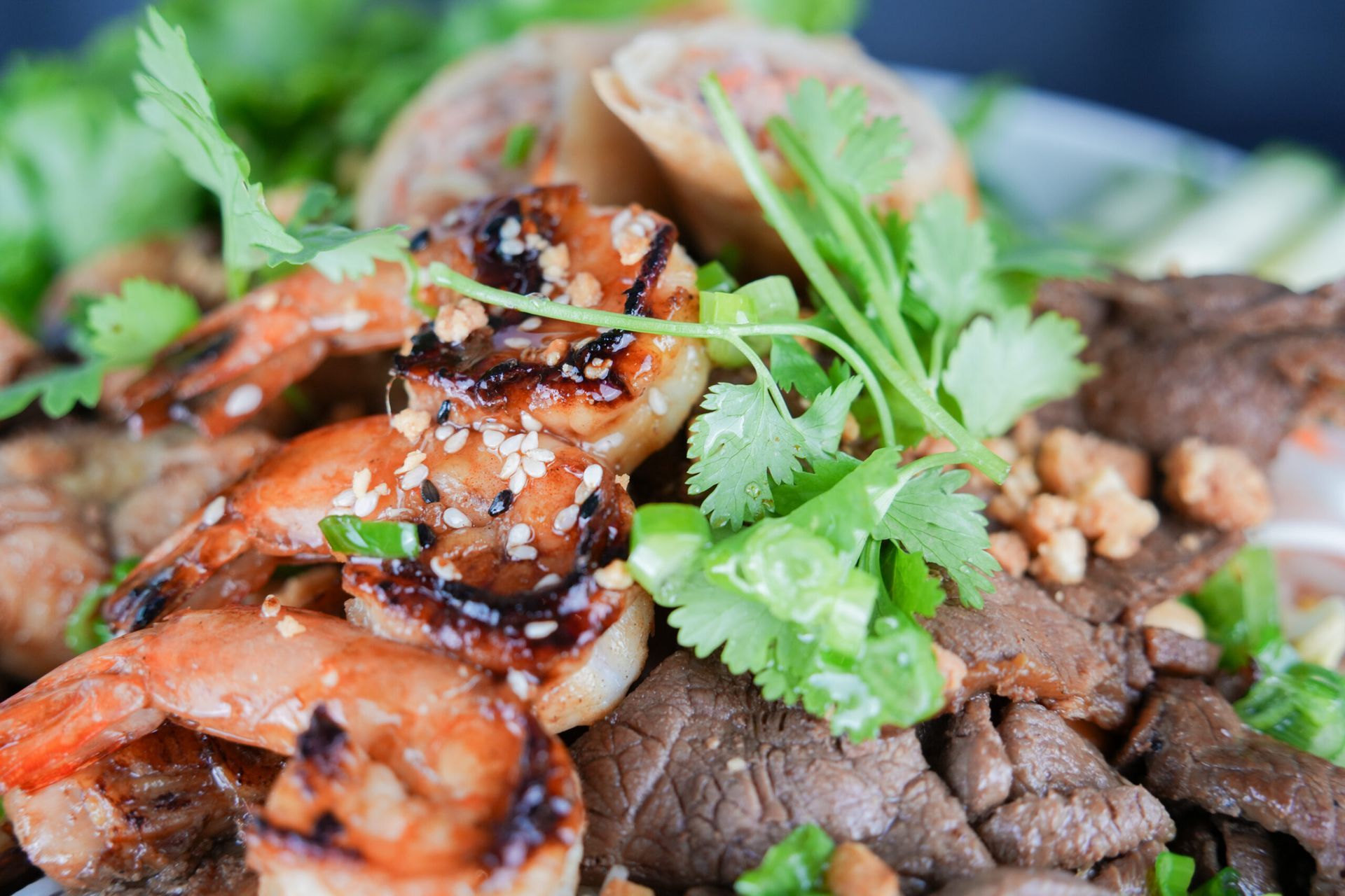Grilled shrimp and beef garnished with cilantro on a plate of mixed meat and sauce