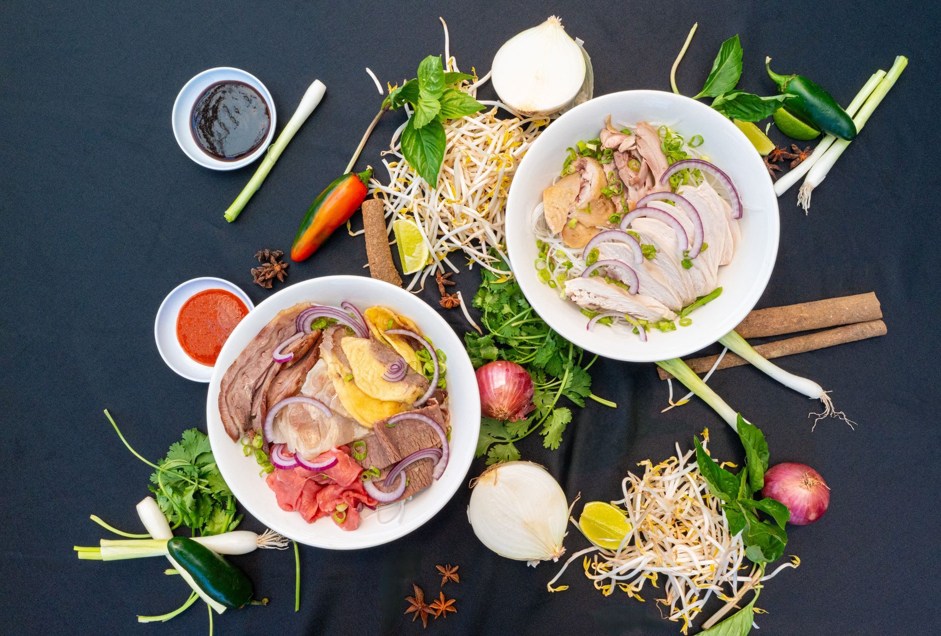 Two bowls of noodle soup with herbs, vegetables, and chopsticks on a dark table