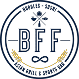 Round restaurant logo for BFF Noodles, Sushi, Asian Grill & Sports Bar in navy and gold