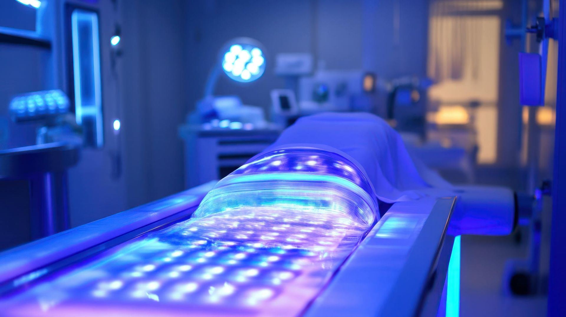 A futuristic hospital room. A patient lies on a bed under a blue, transparent dome.