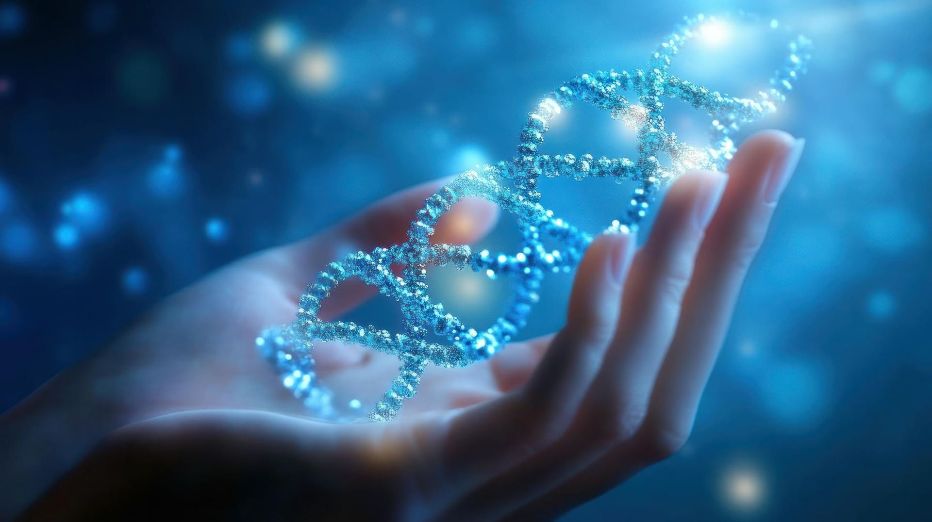Hand holding a glowing, abstract DNA helix, set against a blue, sparkling background.
