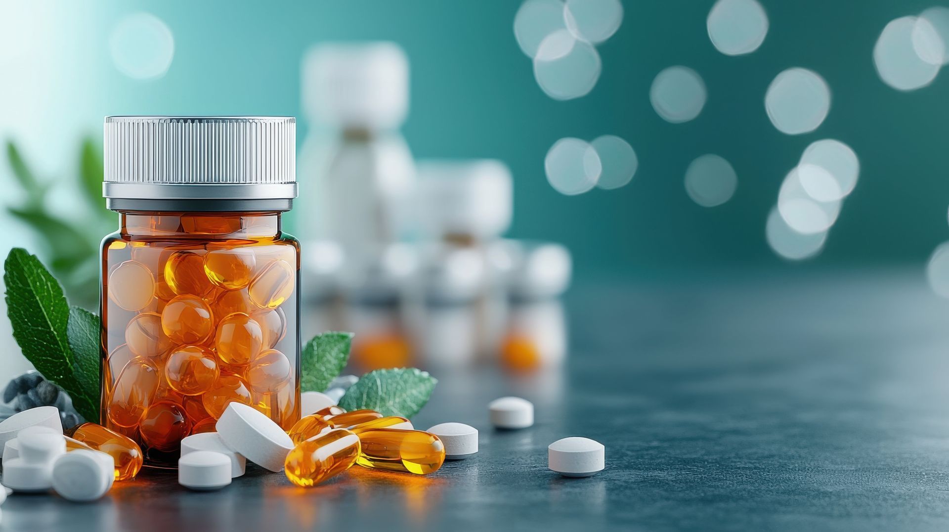 Orange pills in a glass bottle, surrounded by white pills, green leaves, and blurry bottles on teal background.