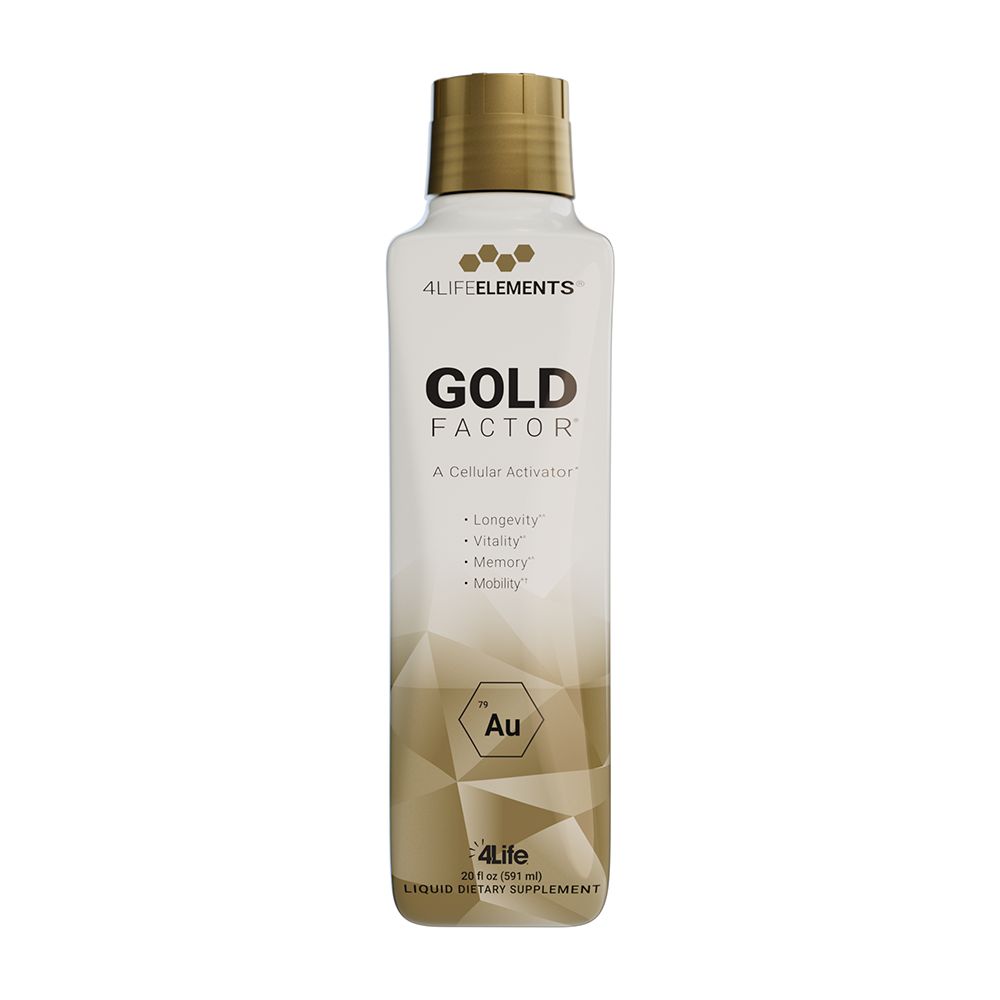 Gold Factor liquid supplement bottle, gold and white with