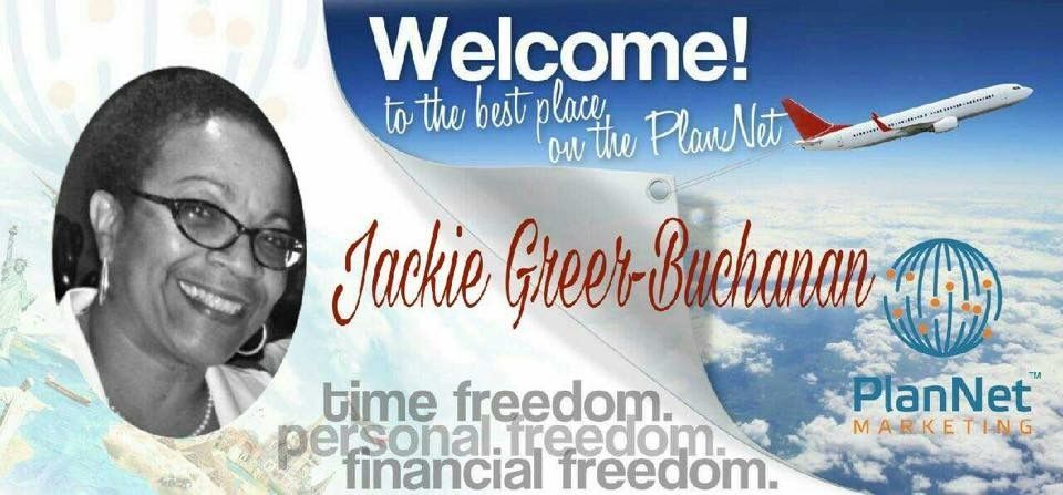 A picture of a woman with the words welcome jackie green buchanan