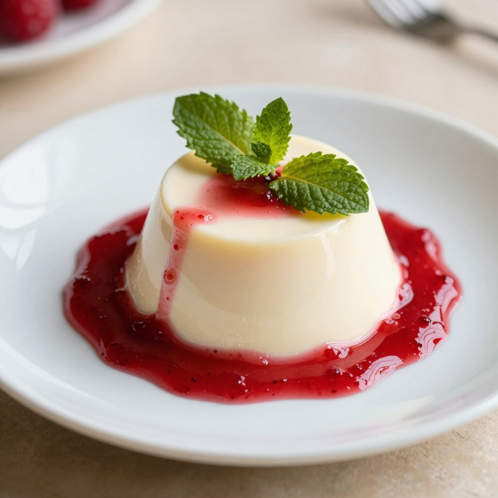 Romige panna cotta met munt, omringd door rode bessensaus op een wit bord.