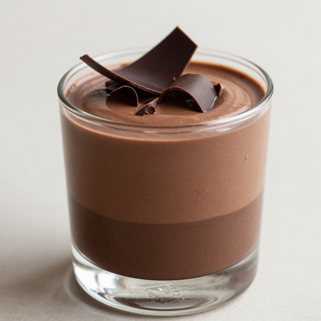 Chocolademousse in een glazen kommetje, gegarneerd met chocoladeschaafsel.