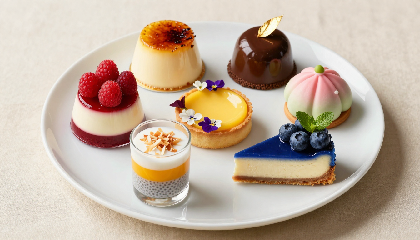 Een assortiment elegante minidesserts op een wit bord, waaronder fruittaartjes, mousse en stukjes cake.
