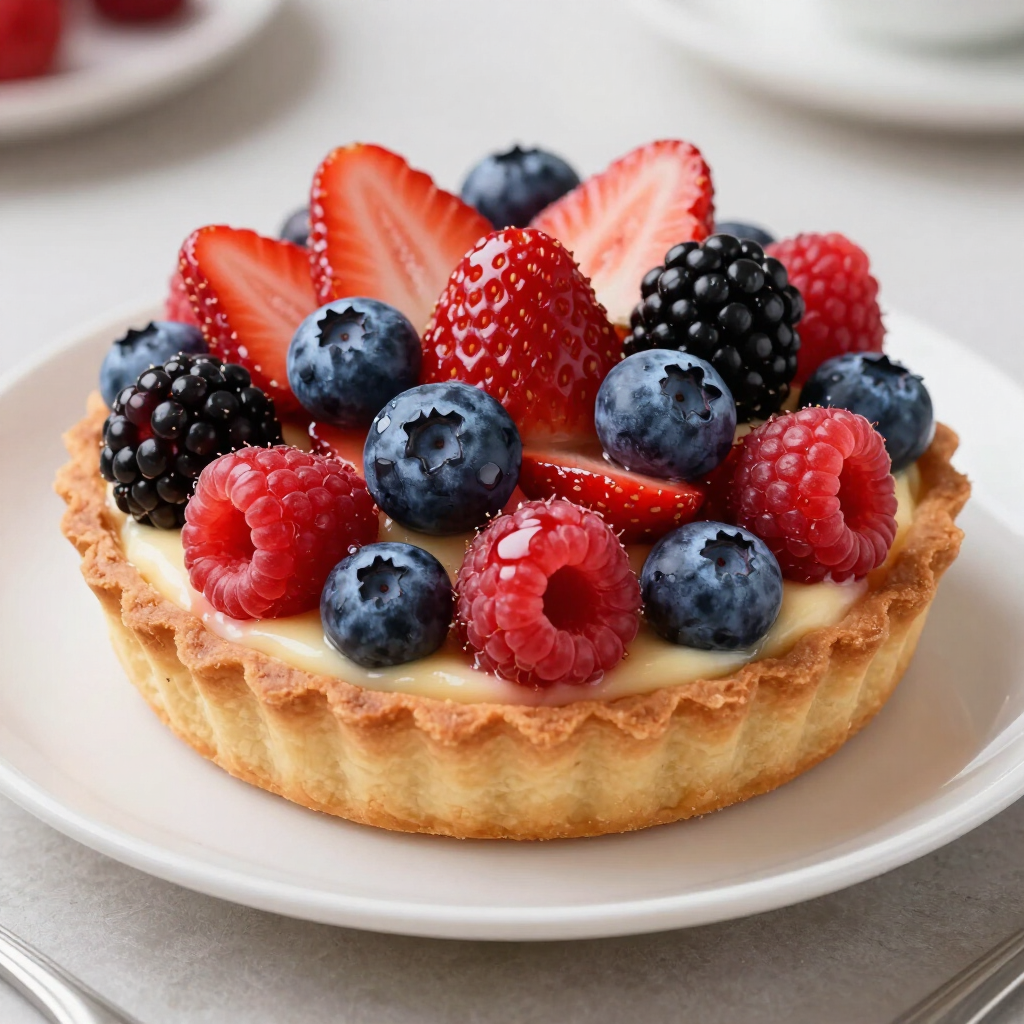 Fruittaart met aardbeien, frambozen en bosbessen op een wit bord.
