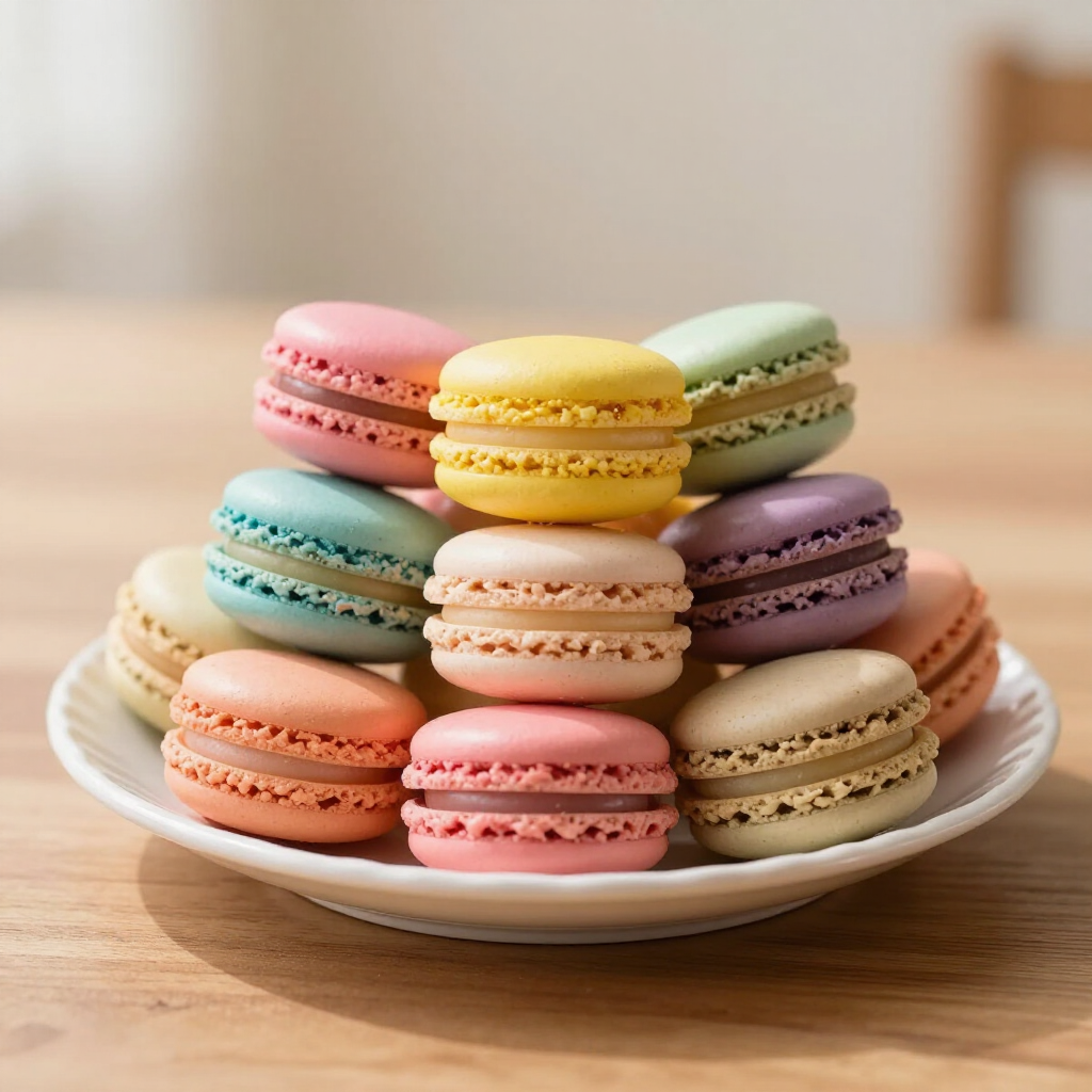 Diverse pastelkleurige macarons opgestapeld op een wit bord op een houten tafel.
