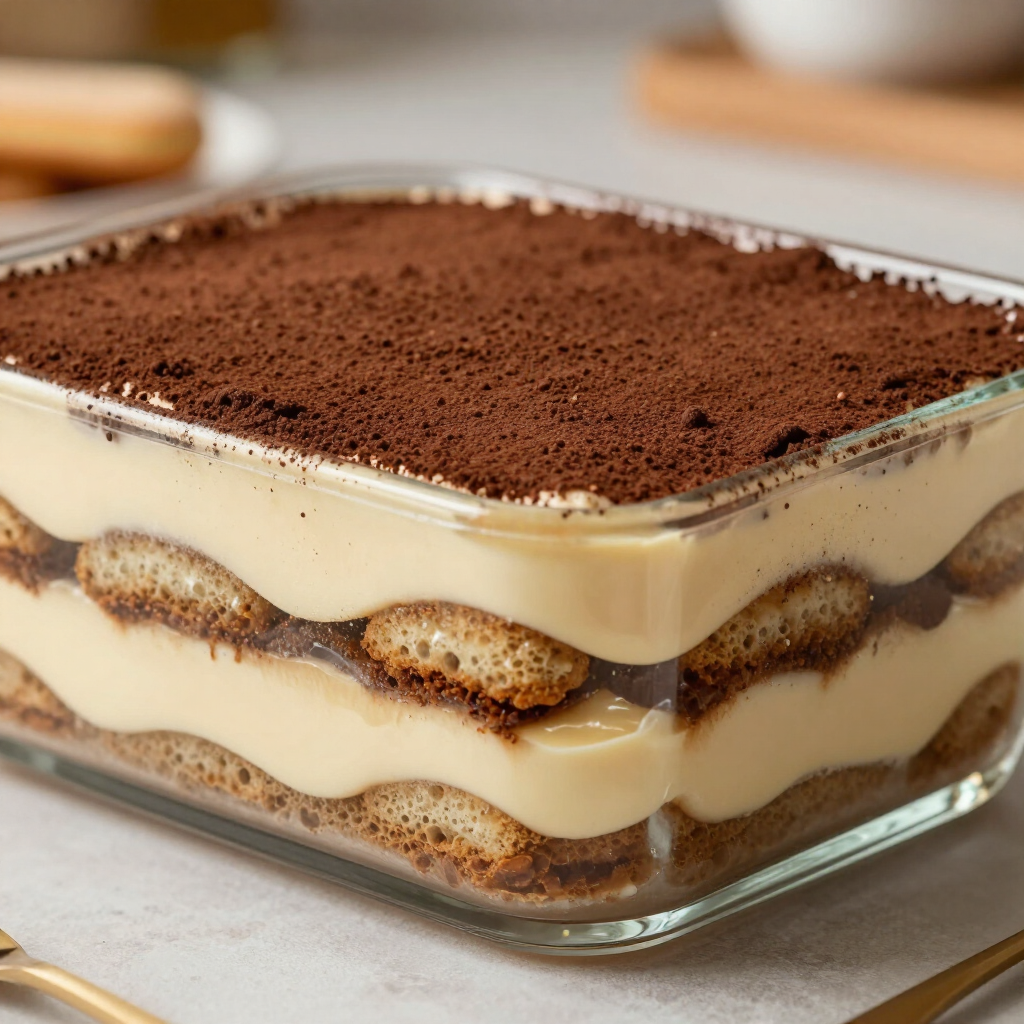 Een glazen schaal tiramisu, bestrooid met cacaopoeder, staat op een licht aanrecht.