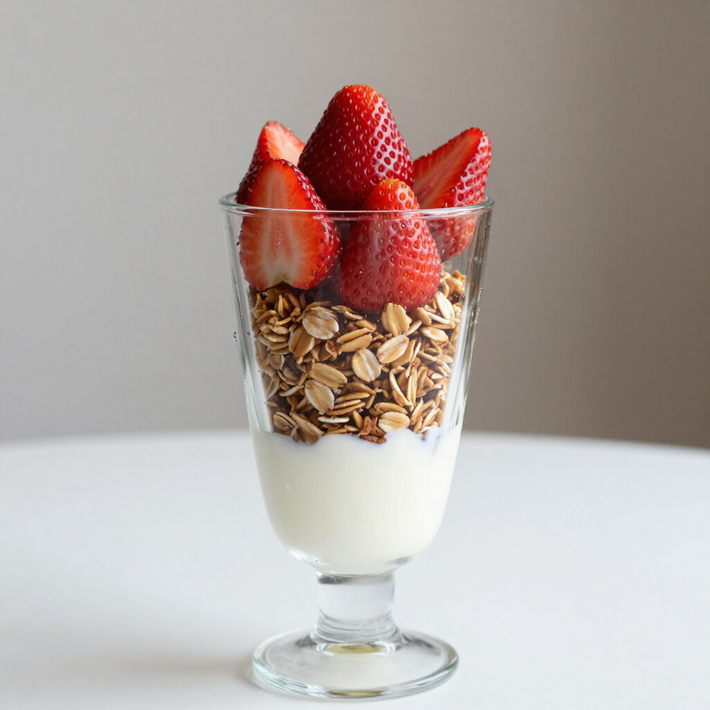 Een glas yoghurt met granola en verse aardbeienhelften op een witte tafel.