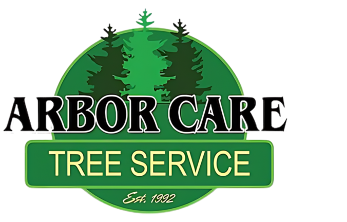 Arbor Care Tree Service logo with green trees and text on a white background