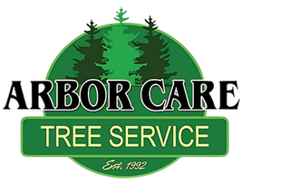 Arbor Care Tree Service logo with green trees and text on a white background